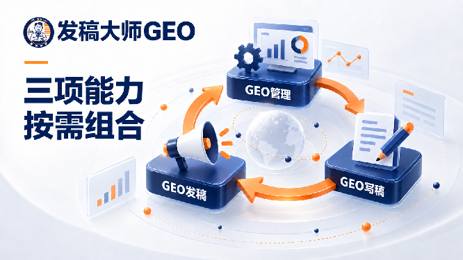 发稿大师GEO三项能力按需组合,包含GEO管理、GEO写稿、GEO发稿三个模块。