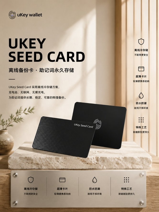 UKey Seed Card NFC 助记词备份卡产品海报，展示卡片形态、无电池、离线恢复与便携收纳等品牌公开卖点
